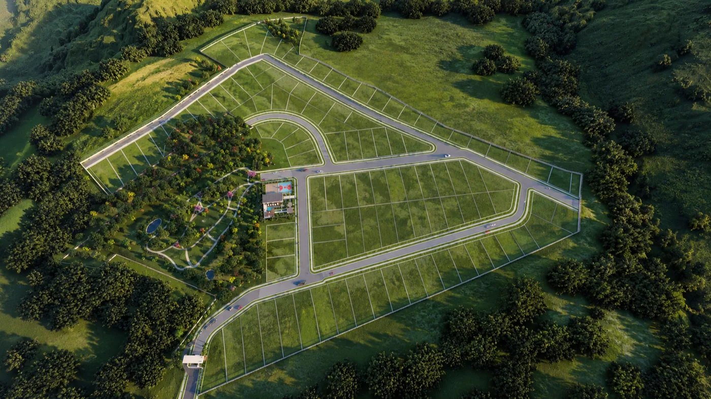 Vista aérea do masterplan do Macadâmia Eco Resort em Cambuí-MG, próximo à Rodovia Fernão Dias